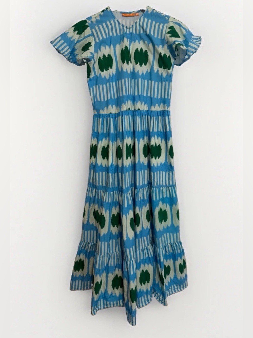 Oliphant Women’s Ikat Print Maxi Dress Flutter Sleeve Blue Green Size XS